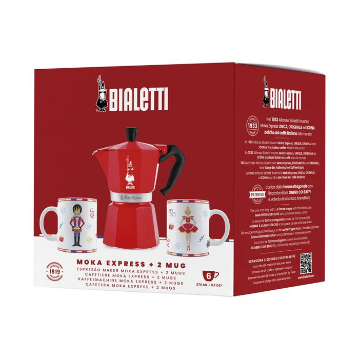 🎄 Bialetti Moka Express – The Nutcracker Limited Edition – 6 cup moka pot incl. 2 mugs