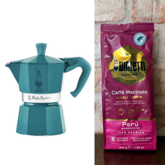 Bialetti Moka Express Julebundle – Turkis (3 koppers) + Caffè Macinato Moka
