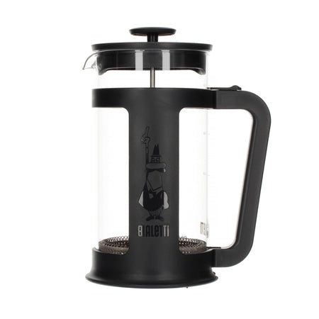 Bialetti stempelkande i sort og glas med klassisk italiensk design vist som enkelt produktfoto på lys baggrund.