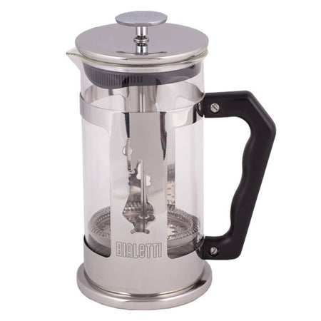 Bialetti stempelkande i glas og rustfrit stål med sort ergonomisk håndtag vist som klassisk produktfoto på lys baggrund.