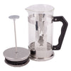 Bialetti stempelkande i glas og rustfrit stål vist med aftageligt stempelfilter og sort håndtag på lys baggrund.
