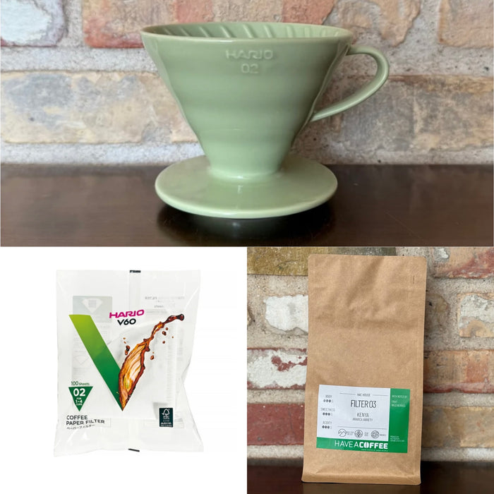 Hario V60-02 Julebundle – Dripper Sage, Filtre & 220 g Filterkaffe