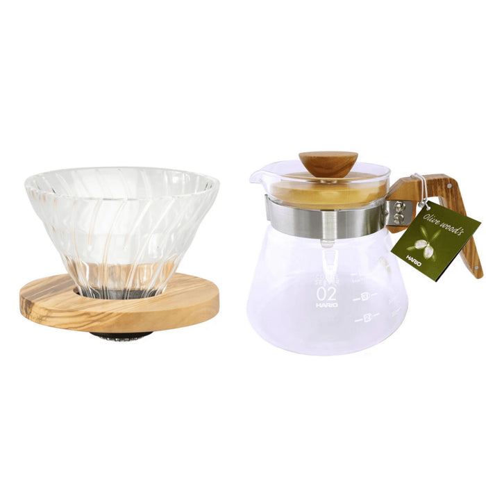 Hario V60-01 Premium Julebundle – Glasdripper & Hario Server Oliventræ