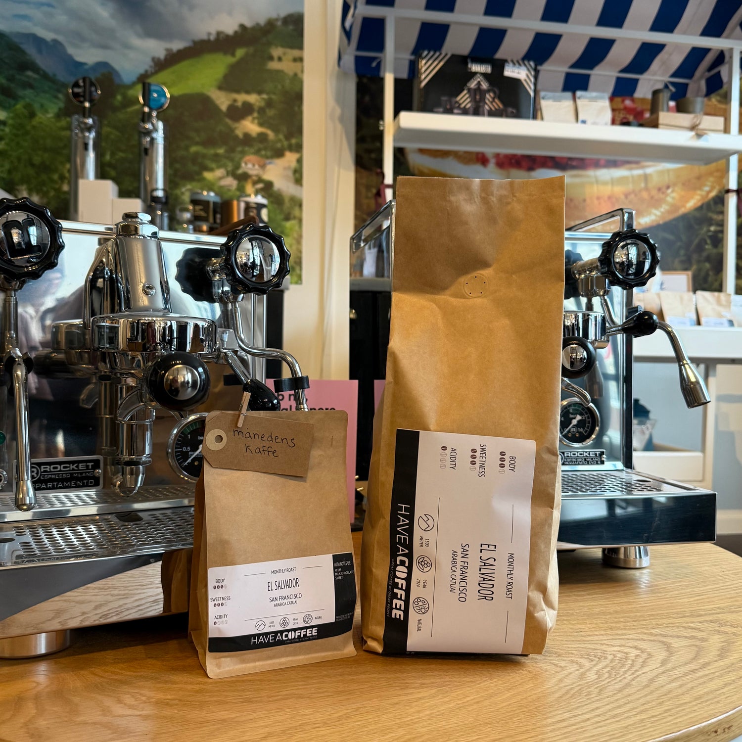 To poser El Salvador San Francisco specialty coffee fra Have A Coffee placeret foran professionelle Rocket espressomaskiner i moderne kaffebar.