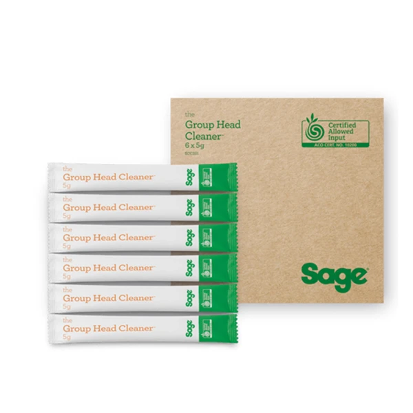 Sage Group Head Cleaner rensemiddel til espressomaskiner med seks portionspakker og miljøcertificeret emballage på lys baggrund.