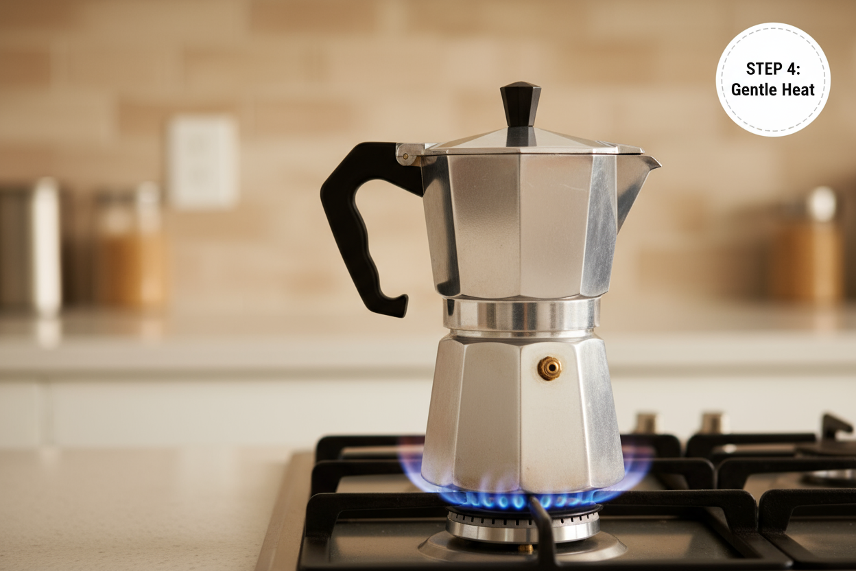 bialetti guide step 4. visuel præsentation 4. Varm langsomt op🔥Sæt kanden på komfuret ved middel varme.Hold håndtaget væk fra varmen. Hvis du bruger induktion, skal du vælge en model som Bialetti Venus eller Moka Induktion.Dem som er egnet til gas- og elkomfurer kræves der induktionsadapter, hvis du ønsker at bruge til induktion- kan købes separat