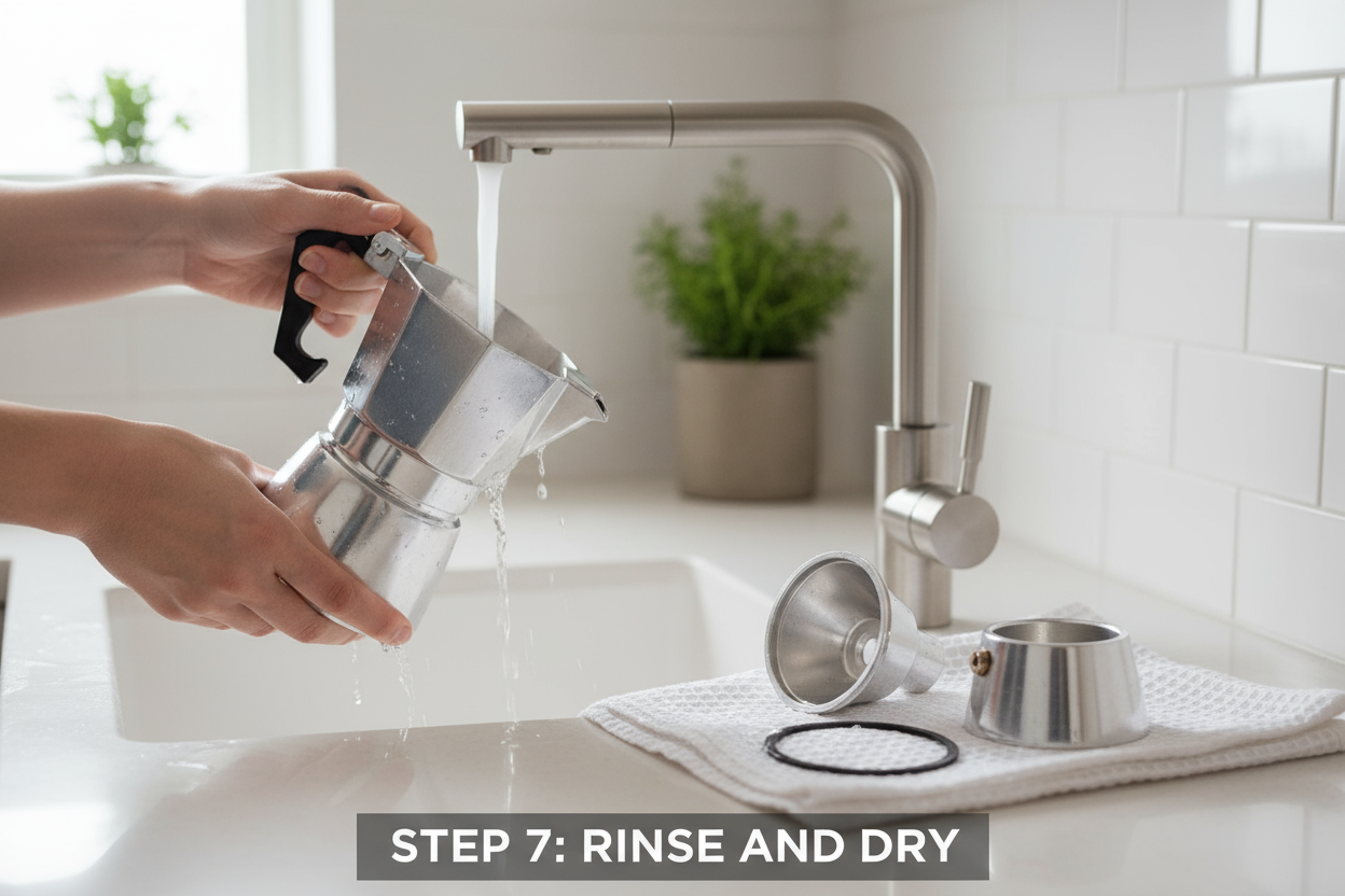 bialetti guide step 7 7. Rengør korrekt for holdbarhed🧽 Skyl med varmt vand – ingen sæbe.Lad delene tørre helt, før du samler dem igen. - visuelt visning