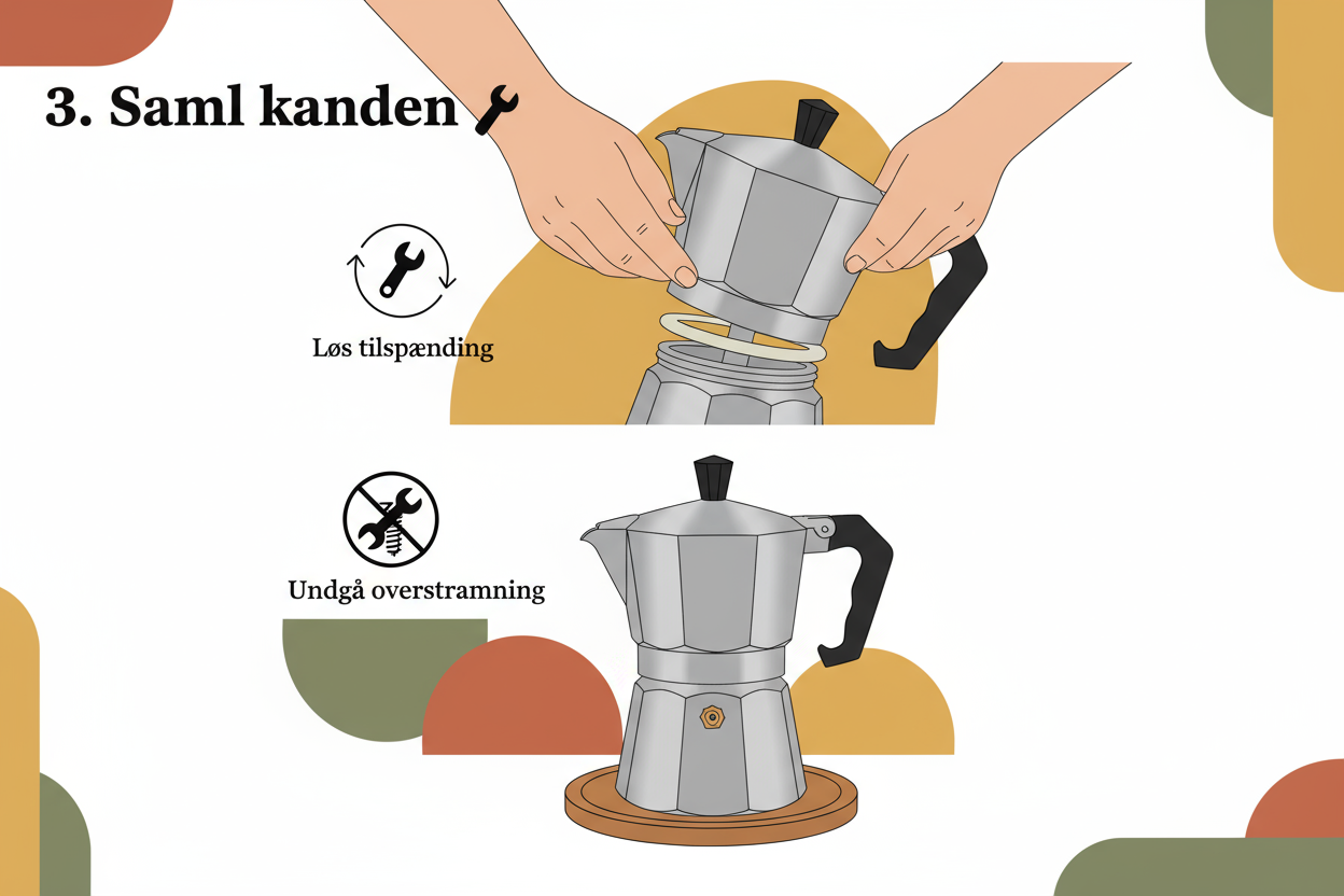 lav visuel guide til disse 2 steps i stil med den anden : 3. Saml kanden🔧Sørg for, at gevind og gummipakning er rene, så du får en tæt forsegling. Skru delene fast uden at overstramme.Stram kun let — ikke for hårdt.4. Varm langsomt op🔥Sæt kanden på komfuret ved middel varme.Hold håndtaget væk fra varmen. Hvis du bruger induktion, skal du vælge en model som Bialetti Venus eller Moka Induktion.Dem som er egnet til gas- og elkomfurer kræves der induktionsadapter, hvis du ønsker at bruge til induktion- kan kø